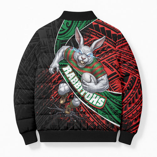 South Sydney Rabbitohs Rugby Bomber Puffer Jacket Tribal Polynesian Power Art - Lightning Mascot