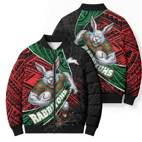South Sydney Rabbitohs Rugby Bomber Puffer Jacket Tribal Polynesian Power Art - Lightning Mascot