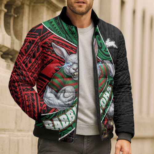 South Sydney Rabbitohs Rugby Bomber Puffer Jacket Tribal Polynesian Power Art - Lightning Mascot
