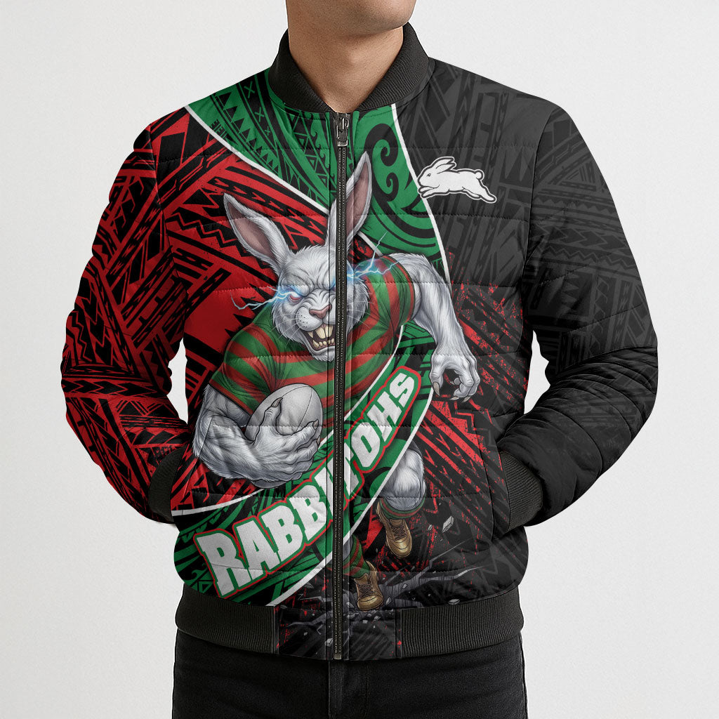 South Sydney Rabbitohs Rugby Bomber Puffer Jacket Tribal Polynesian Power Art - Lightning Mascot