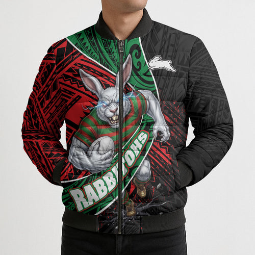 South Sydney Rabbitohs Rugby Bomber Puffer Jacket Tribal Polynesian Power Art - Lightning Mascot