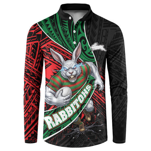 South Sydney Rabbitohs Rugby Button Sweatshirt Tribal Polynesian Power Art - Lightning Mascot
