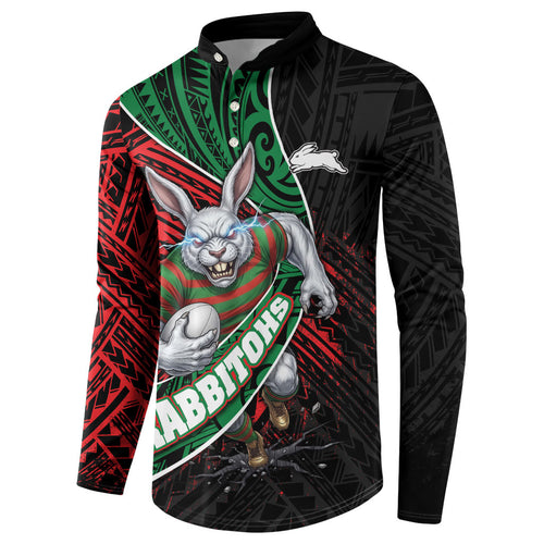 South Sydney Rabbitohs Rugby Button Sweatshirt Tribal Polynesian Power Art - Lightning Mascot