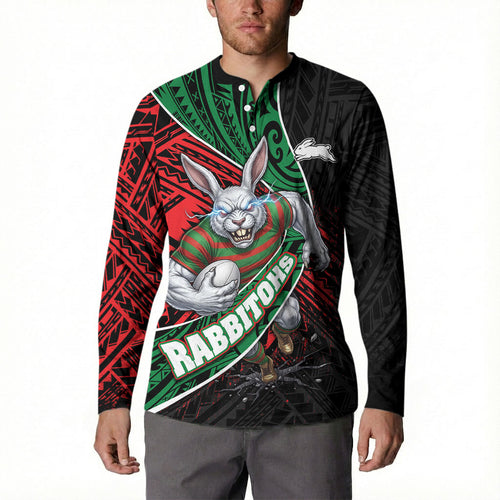 South Sydney Rabbitohs Rugby Button Sweatshirt Tribal Polynesian Power Art - Lightning Mascot