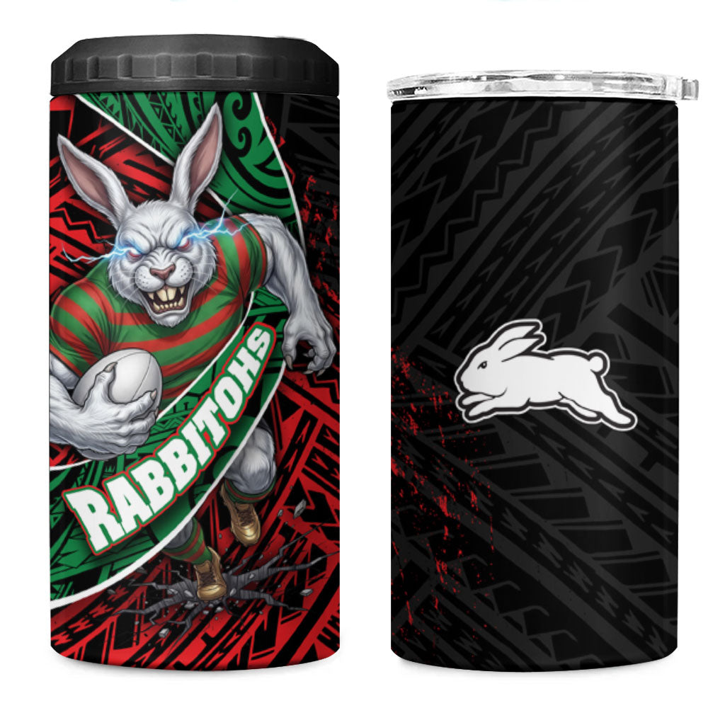 South Sydney Rabbitohs Rugby 4 in 1 Can Cooler Tumbler Tribal Polynesian Power Art - Lightning Mascot
