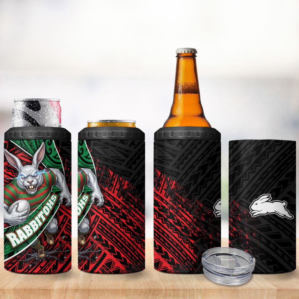 South Sydney Rabbitohs Rugby 4 in 1 Can Cooler Tumbler Tribal Polynesian Power Art - Lightning Mascot
