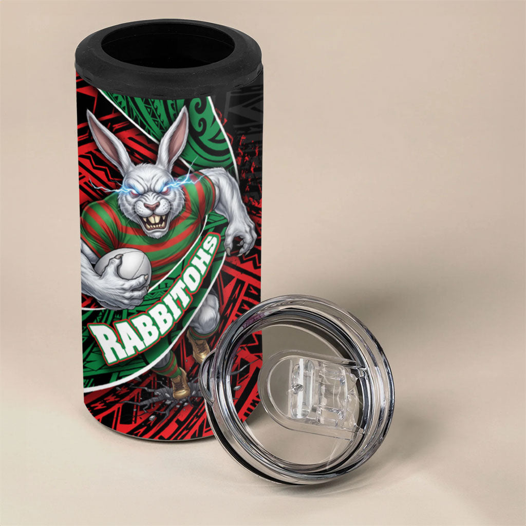 South Sydney Rabbitohs Rugby 4 in 1 Can Cooler Tumbler Tribal Polynesian Power Art - Lightning Mascot