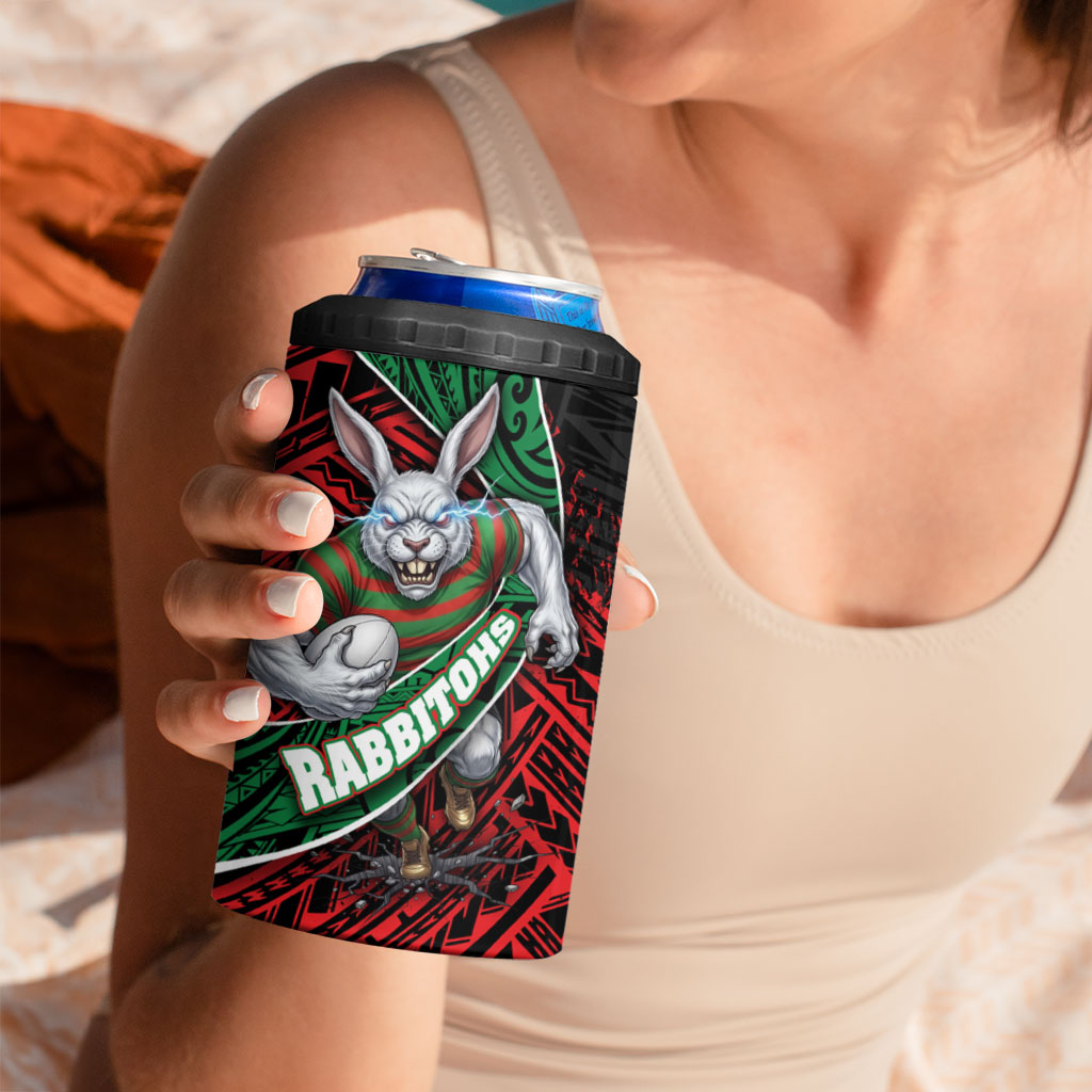 South Sydney Rabbitohs Rugby 4 in 1 Can Cooler Tumbler Tribal Polynesian Power Art - Lightning Mascot