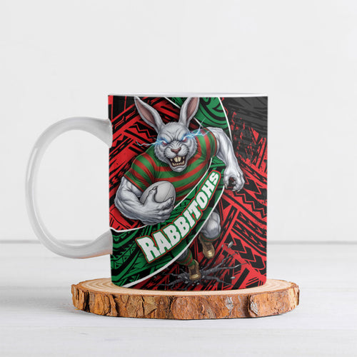 South Sydney Rabbitohs Rugby Ceramic Mug Tribal Polynesian Power Art - Lightning Mascot