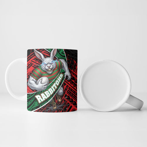 South Sydney Rabbitohs Rugby Ceramic Mug Tribal Polynesian Power Art - Lightning Mascot