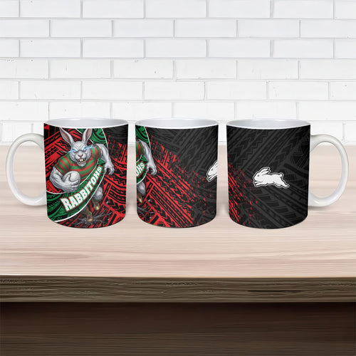 South Sydney Rabbitohs Rugby Ceramic Mug Tribal Polynesian Power Art - Lightning Mascot