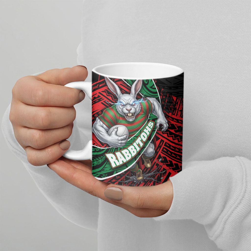 South Sydney Rabbitohs Rugby Ceramic Mug Tribal Polynesian Power Art - Lightning Mascot