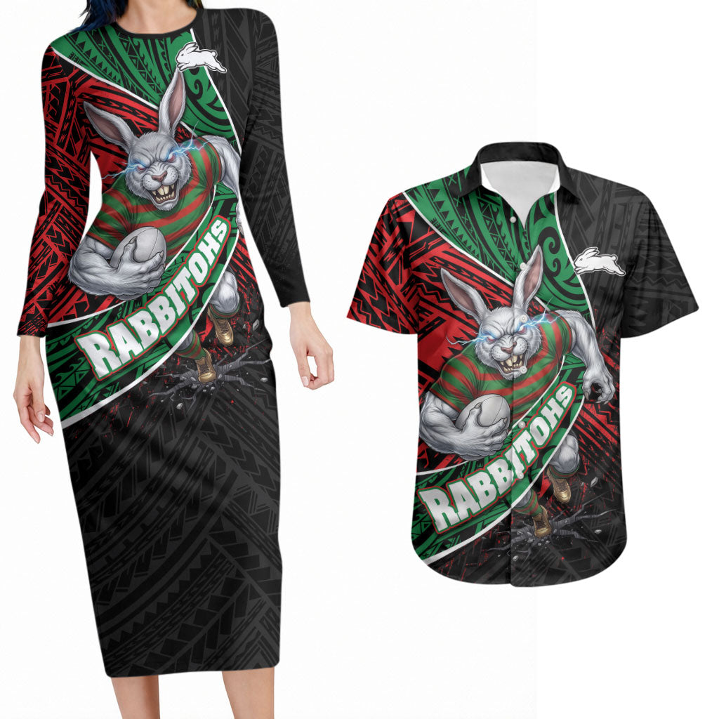 South Sydney Rabbitohs Rugby Couples Matching Long Sleeve Bodycon Dress and Hawaiian Shirt Tribal Polynesian Power Art - Lightning Mascot