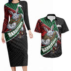 South Sydney Rabbitohs Rugby Couples Matching Long Sleeve Bodycon Dress and Hawaiian Shirt Tribal Polynesian Power Art - Lightning Mascot