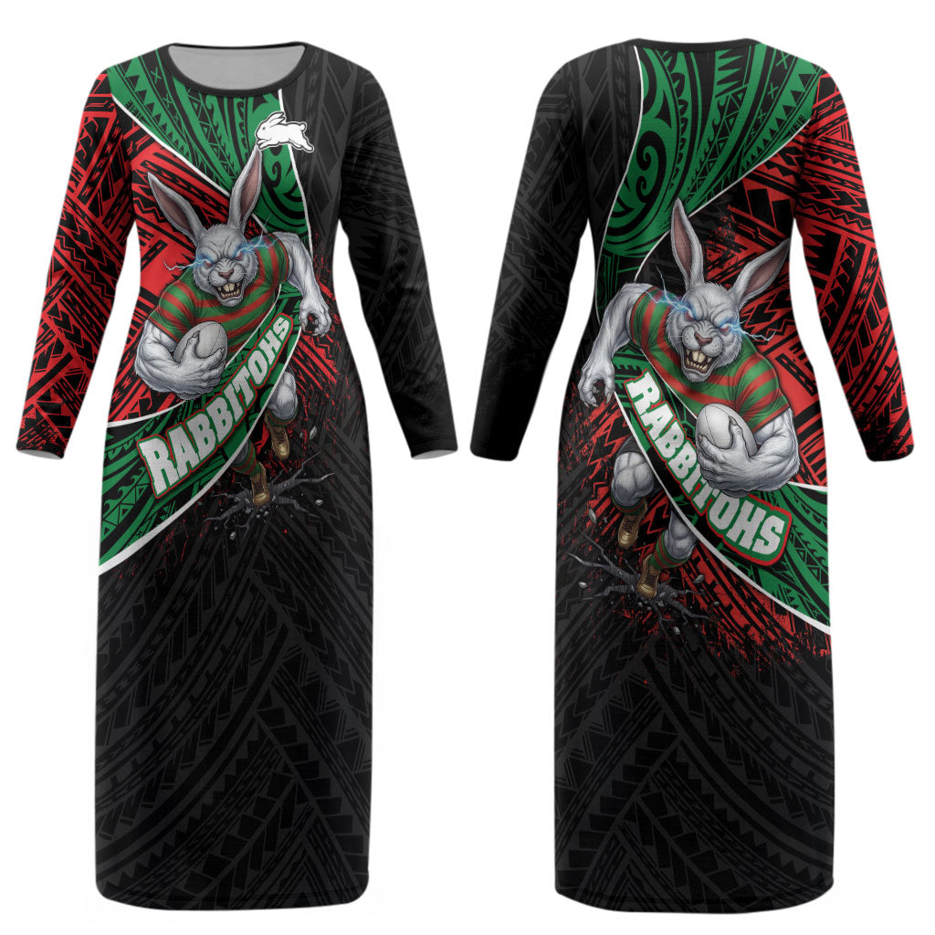 South Sydney Rabbitohs Rugby Couples Matching Long Sleeve Bodycon Dress and Hawaiian Shirt Tribal Polynesian Power Art - Lightning Mascot