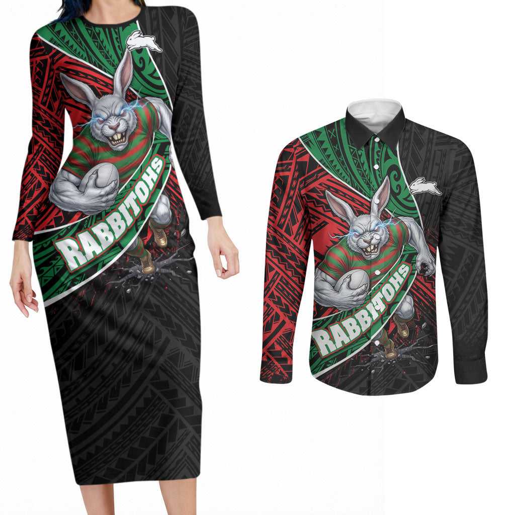South Sydney Rabbitohs Rugby Couples Matching Long Sleeve Bodycon Dress and Long Sleeve Button Shirt Tribal Polynesian Power Art - Lightning Mascot
