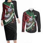 South Sydney Rabbitohs Rugby Couples Matching Long Sleeve Bodycon Dress and Long Sleeve Button Shirt Tribal Polynesian Power Art - Lightning Mascot
