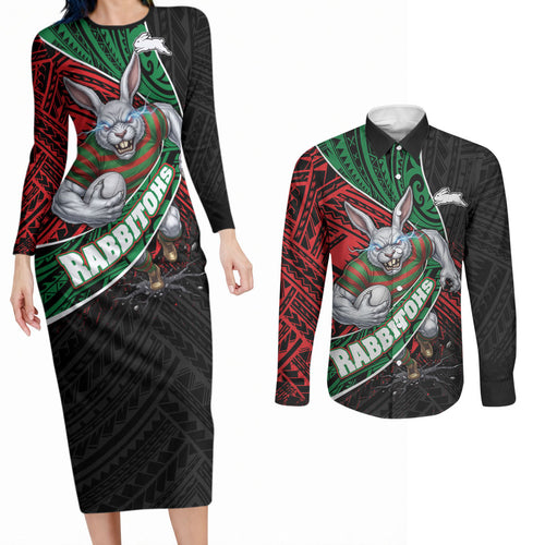 South Sydney Rabbitohs Rugby Couples Matching Long Sleeve Bodycon Dress and Long Sleeve Button Shirt Tribal Polynesian Power Art - Lightning Mascot