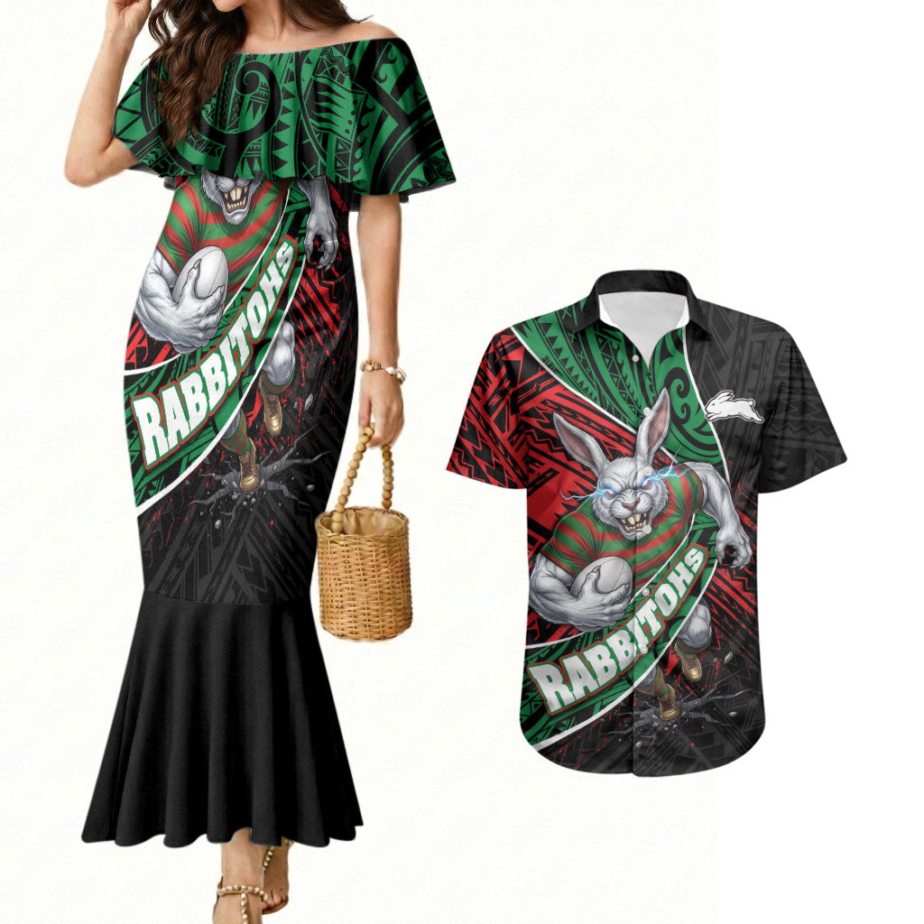 South Sydney Rabbitohs Rugby Couples Matching Mermaid Dress and Hawaiian Shirt Tribal Polynesian Power Art - Lightning Mascot
