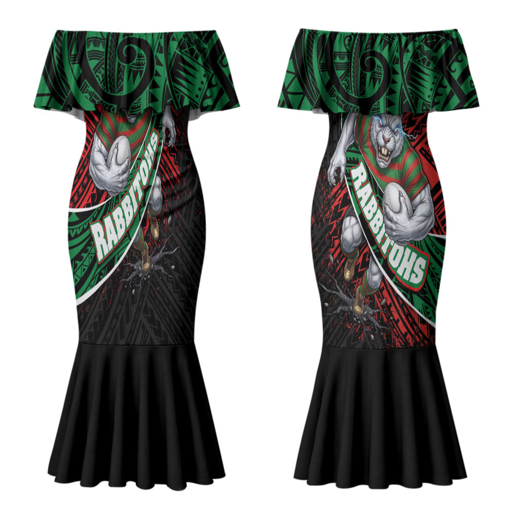 South Sydney Rabbitohs Rugby Couples Matching Mermaid Dress and Hawaiian Shirt Tribal Polynesian Power Art - Lightning Mascot