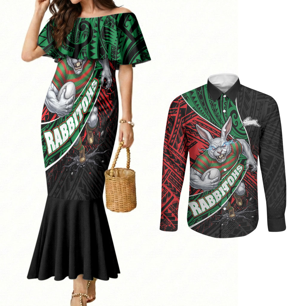 South Sydney Rabbitohs Rugby Couples Matching Mermaid Dress and Long Sleeve Button Shirt Tribal Polynesian Power Art - Lightning Mascot