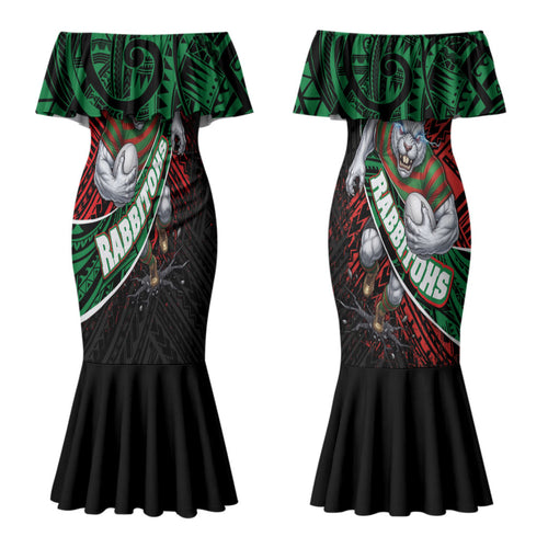 South Sydney Rabbitohs Rugby Couples Matching Mermaid Dress and Long Sleeve Button Shirt Tribal Polynesian Power Art - Lightning Mascot