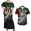 South Sydney Rabbitohs Rugby Couples Matching Off Shoulder Maxi Dress and Hawaiian Shirt Tribal Polynesian Power Art - Lightning Mascot