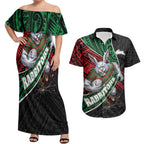 South Sydney Rabbitohs Rugby Couples Matching Off Shoulder Maxi Dress and Hawaiian Shirt Tribal Polynesian Power Art - Lightning Mascot