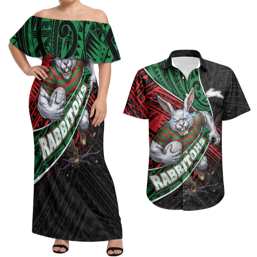 South Sydney Rabbitohs Rugby Couples Matching Off Shoulder Maxi Dress and Hawaiian Shirt Tribal Polynesian Power Art - Lightning Mascot