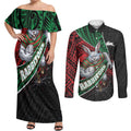 South Sydney Rabbitohs Rugby Couples Matching Off Shoulder Maxi Dress and Long Sleeve Button Shirt Tribal Polynesian Power Art - Lightning Mascot