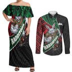 South Sydney Rabbitohs Rugby Couples Matching Off Shoulder Maxi Dress and Long Sleeve Button Shirt Tribal Polynesian Power Art - Lightning Mascot