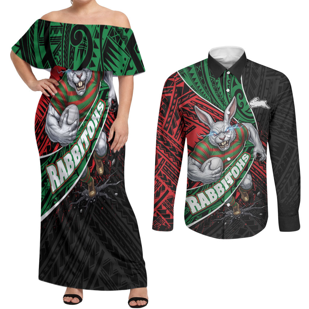 South Sydney Rabbitohs Rugby Couples Matching Off Shoulder Maxi Dress and Long Sleeve Button Shirt Tribal Polynesian Power Art - Lightning Mascot