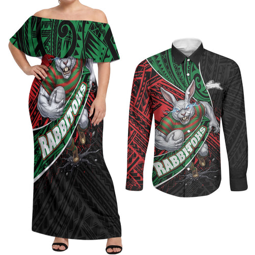 South Sydney Rabbitohs Rugby Couples Matching Off Shoulder Maxi Dress and Long Sleeve Button Shirt Tribal Polynesian Power Art - Lightning Mascot