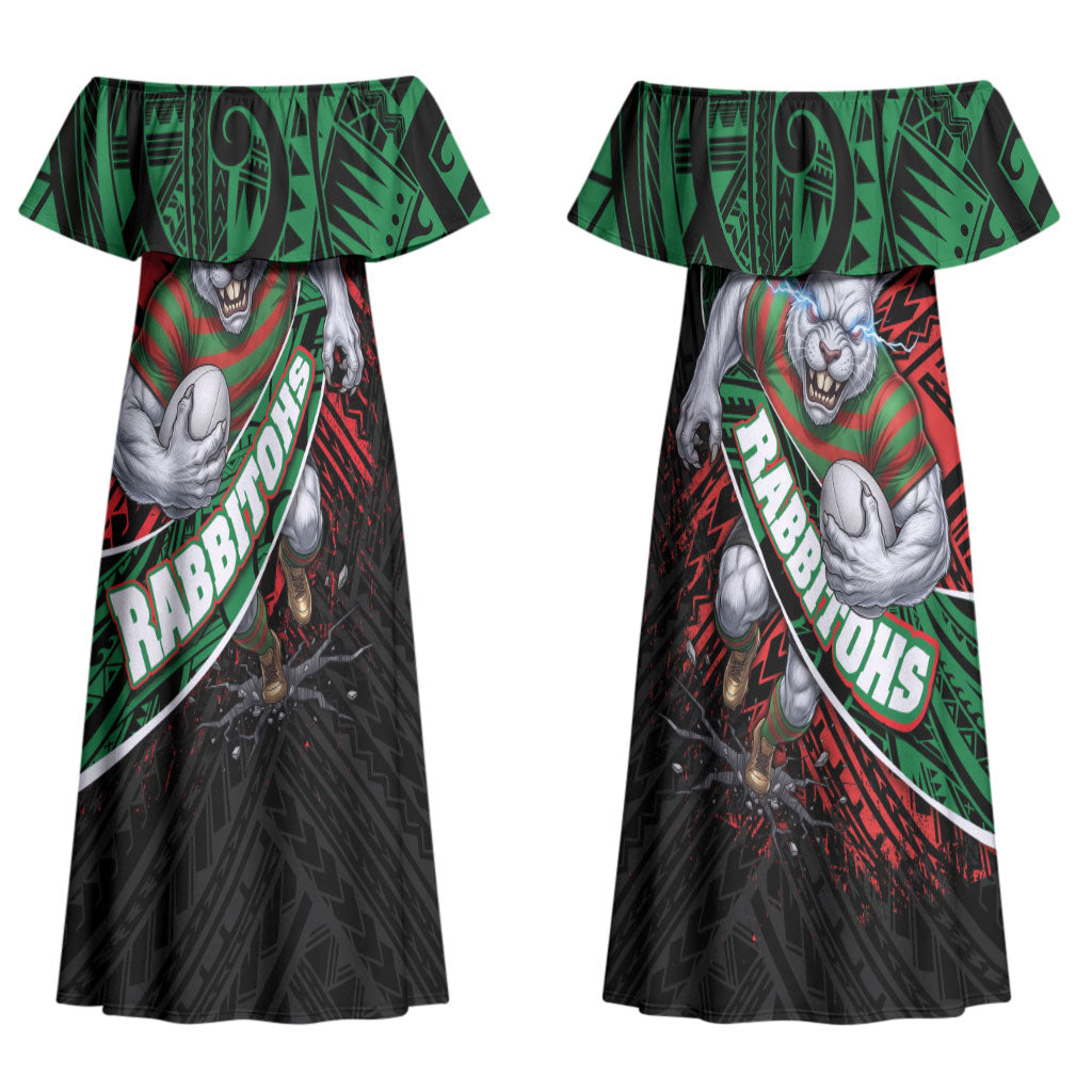 South Sydney Rabbitohs Rugby Couples Matching Off Shoulder Maxi Dress and Long Sleeve Button Shirt Tribal Polynesian Power Art - Lightning Mascot