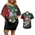 South Sydney Rabbitohs Rugby Couples Matching Off Shoulder Short Dress and Hawaiian Shirt Tribal Polynesian Power Art - Lightning Mascot