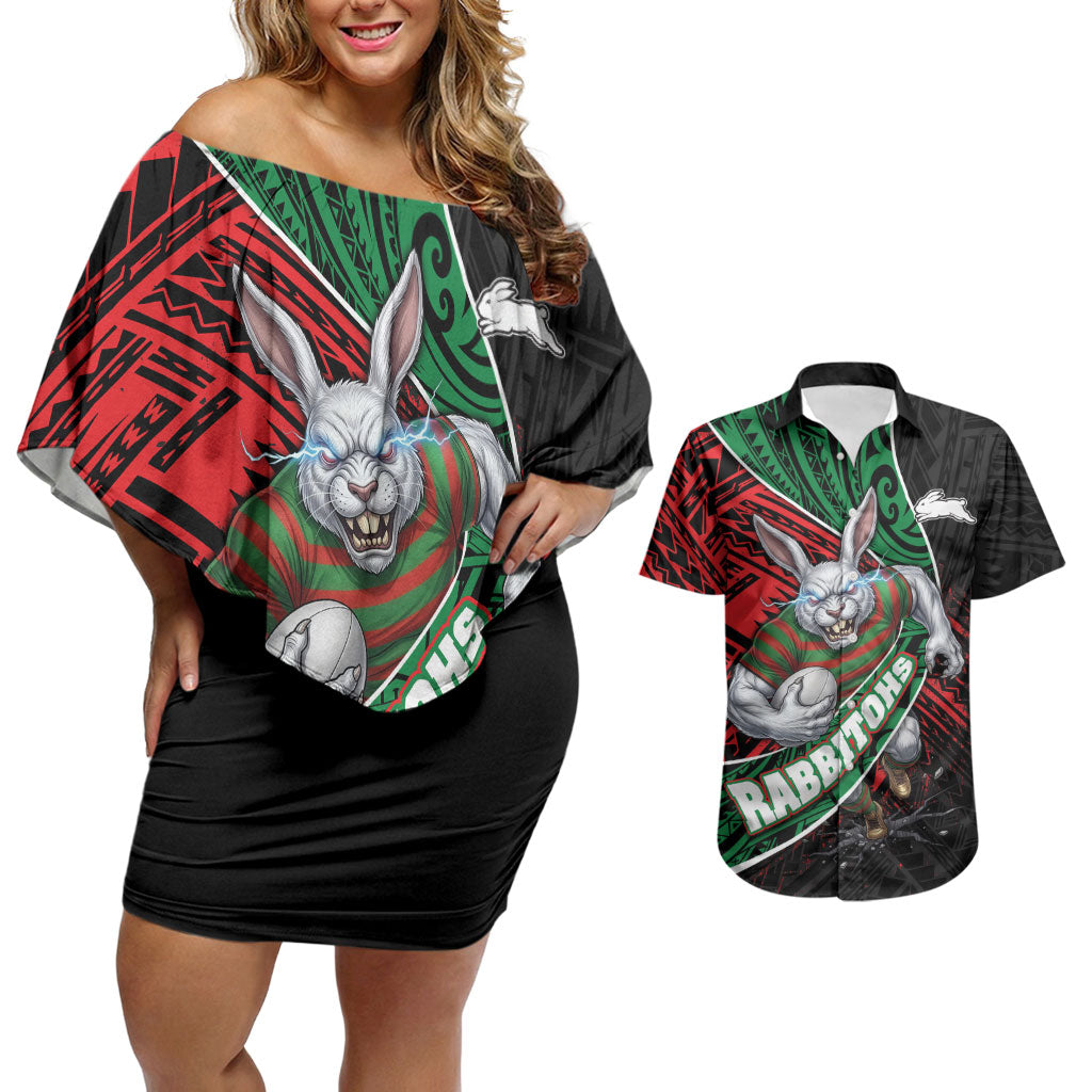 South Sydney Rabbitohs Rugby Couples Matching Off Shoulder Short Dress and Hawaiian Shirt Tribal Polynesian Power Art - Lightning Mascot