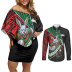 South Sydney Rabbitohs Rugby Couples Matching Off Shoulder Short Dress and Long Sleeve Button Shirt Tribal Polynesian Power Art - Lightning Mascot