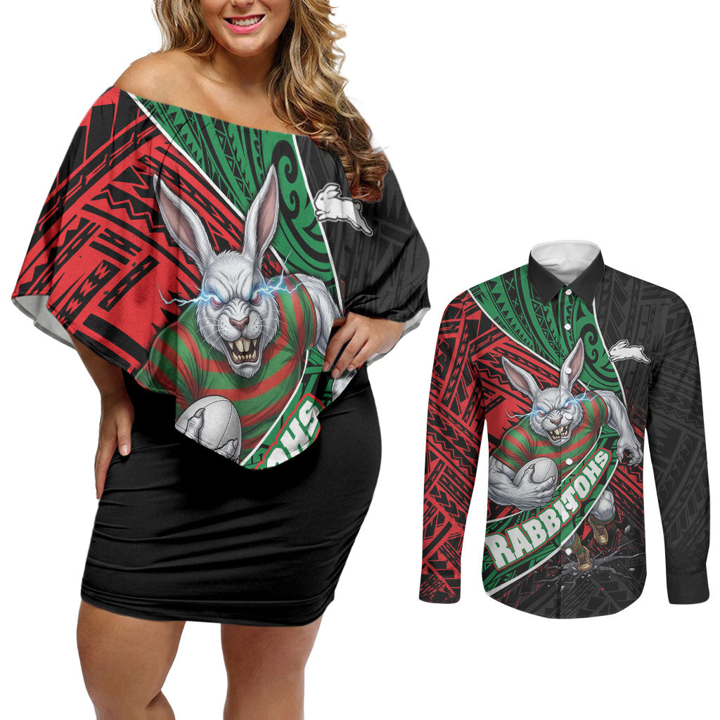 South Sydney Rabbitohs Rugby Couples Matching Off Shoulder Short Dress and Long Sleeve Button Shirt Tribal Polynesian Power Art - Lightning Mascot