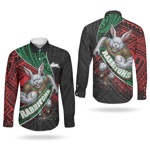 South Sydney Rabbitohs Rugby Couples Matching Off Shoulder Short Dress and Long Sleeve Button Shirt Tribal Polynesian Power Art - Lightning Mascot