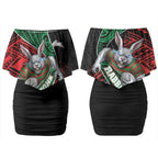 South Sydney Rabbitohs Rugby Couples Matching Off Shoulder Short Dress and Long Sleeve Button Shirt Tribal Polynesian Power Art - Lightning Mascot