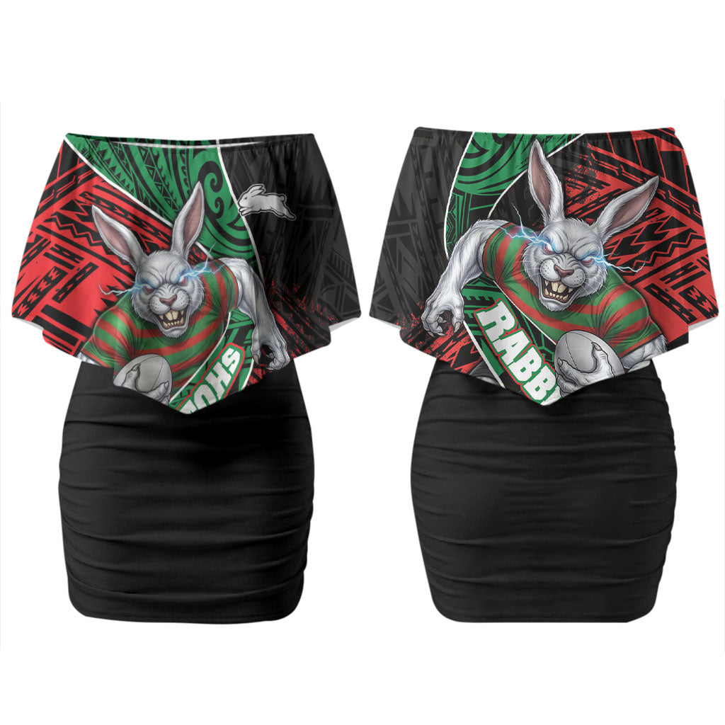 South Sydney Rabbitohs Rugby Couples Matching Off Shoulder Short Dress and Long Sleeve Button Shirt Tribal Polynesian Power Art - Lightning Mascot