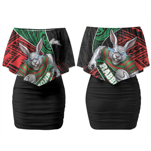 South Sydney Rabbitohs Rugby Couples Matching Off Shoulder Short Dress and Long Sleeve Button Shirt Tribal Polynesian Power Art - Lightning Mascot