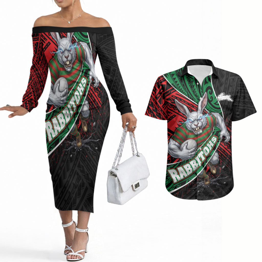 South Sydney Rabbitohs Rugby Couples Matching Off The Shoulder Long Sleeve Dress and Hawaiian Shirt Tribal Polynesian Power Art - Lightning Mascot