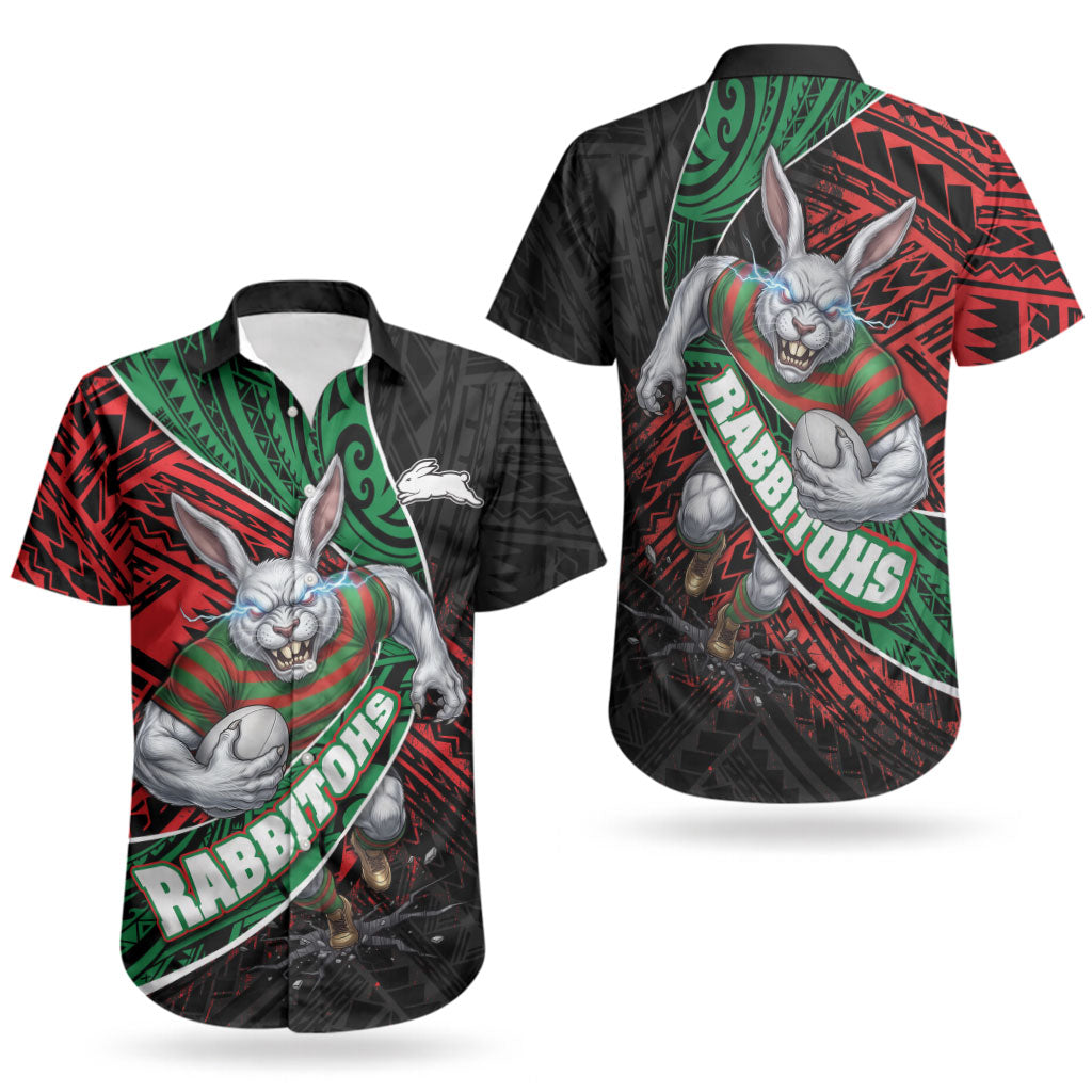 South Sydney Rabbitohs Rugby Couples Matching Off The Shoulder Long Sleeve Dress and Hawaiian Shirt Tribal Polynesian Power Art - Lightning Mascot
