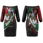 South Sydney Rabbitohs Rugby Couples Matching Off The Shoulder Long Sleeve Dress and Hawaiian Shirt Tribal Polynesian Power Art - Lightning Mascot