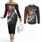 South Sydney Rabbitohs Rugby Couples Matching Off The Shoulder Long Sleeve Dress and Long Sleeve Button Shirt Tribal Polynesian Power Art - Lightning Mascot