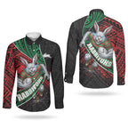 South Sydney Rabbitohs Rugby Couples Matching Off The Shoulder Long Sleeve Dress and Long Sleeve Button Shirt Tribal Polynesian Power Art - Lightning Mascot