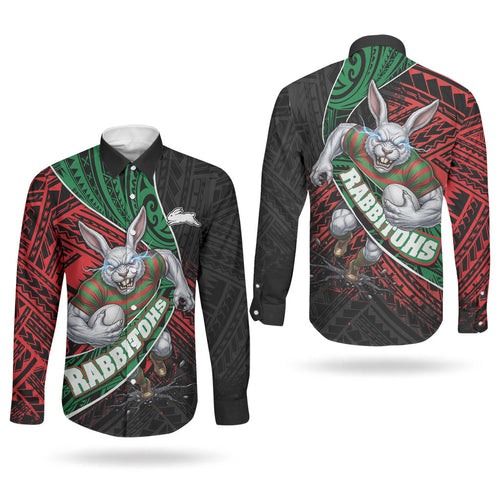 South Sydney Rabbitohs Rugby Couples Matching Off The Shoulder Long Sleeve Dress and Long Sleeve Button Shirt Tribal Polynesian Power Art - Lightning Mascot