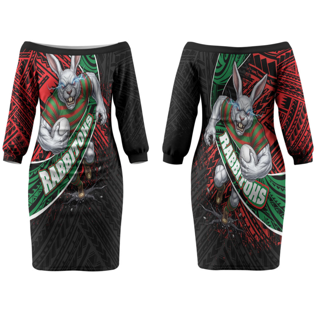 South Sydney Rabbitohs Rugby Couples Matching Off The Shoulder Long Sleeve Dress and Long Sleeve Button Shirt Tribal Polynesian Power Art - Lightning Mascot