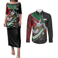 South Sydney Rabbitohs Rugby Couples Matching Puletasi and Long Sleeve Button Shirt Tribal Polynesian Power Art - Lightning Mascot
